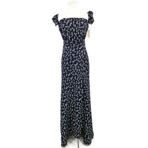 New Flynn Skye Bella Daisy Duke Maxi Dress Womens XS Blue White Off Shoulder